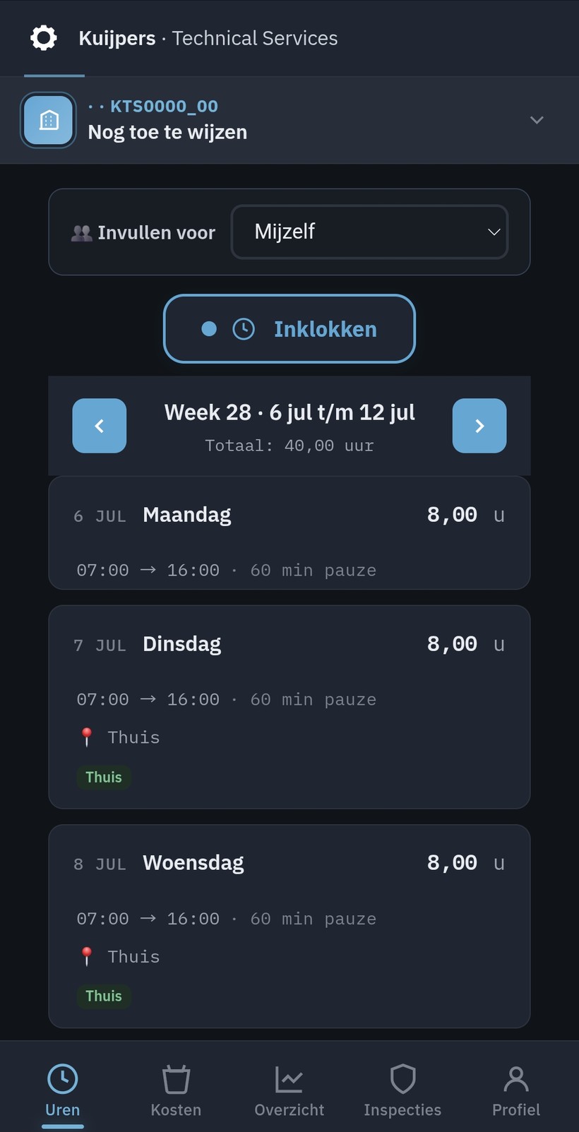 KTS App: wöchentliche Zeiterfassung, vor Ort eingestempelt
